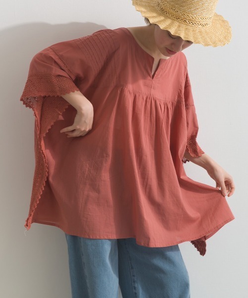 Fizz（フィズ）の「コットンボイル　袖レースプルオーバー（Tシャツ/カットソー・レディース・レンガ/ブラック/ベージュ・M）」の3枚目の写真
