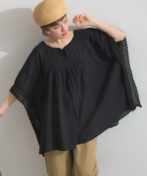 Fizz（フィズ）の「コットンボイル　袖レースプルオーバー（Tシャツ/カットソー・レディース・レンガ/ブラック/ベージュ・M）」の4枚目の写真