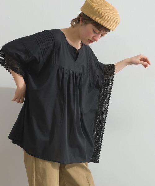Fizz（フィズ）の「コットンボイル　袖レースプルオーバー（Tシャツ/カットソー・レディース・レンガ/ブラック/ベージュ・M）」の7枚目の写真