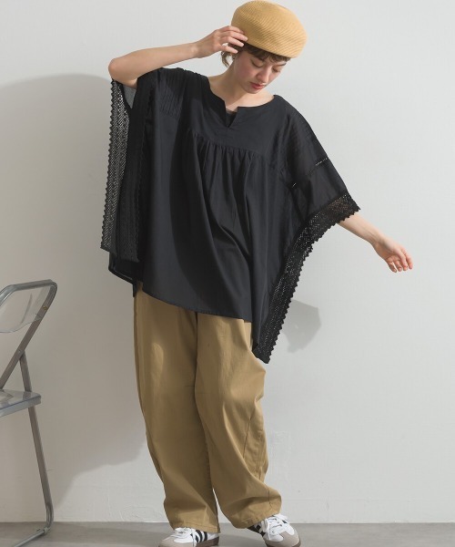 Fizz（フィズ）の「コットンボイル　袖レースプルオーバー（Tシャツ/カットソー・レディース・レンガ/ブラック/ベージュ・M）」の9枚目の写真