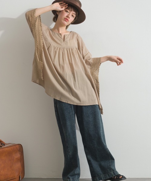 Fizz（フィズ）の「コットンボイル　袖レースプルオーバー（Tシャツ/カットソー・レディース・レンガ/ブラック/ベージュ・M）」の15枚目の写真