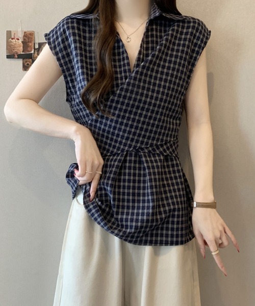 2ly2(トゥーリートゥー)の「チェックブラウス ノースリーブ ラップ風 カシュクール シャツ トップス ゆったり 体型カバー 春夏(シャツ/ブラウス・レディース・ホワイト/ネイビー・FREE)」の15枚目の写真