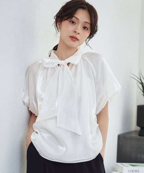 LOWO(ロワ)の「シアーボウタイバルーンスリーブ半袖ブラウス(シャツ/ブラウス・レディース・ブラック/ホワイト系その他/ホワイト・FREE)」の7枚目の写真