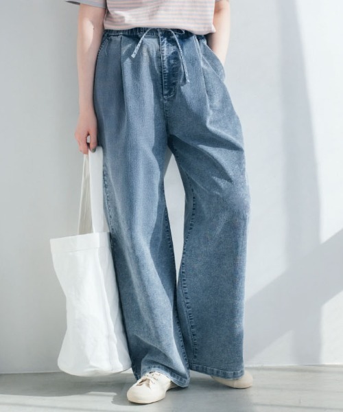 THREE FIFTY STANDARD(スリーフィフティースタンダード)の「THREE FIFTY STANDARD ケミカルウオッシュ加工のメッシュデニムパンツ(デニムパンツ・レディース・ブルー・L/M)」の1枚目の写真