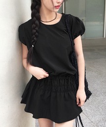 ノーカラーパフスリーブミニフレアワンピース