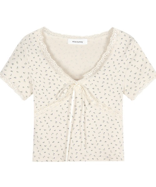 MELT(メルト)の「小花柄レースリボントップス(Tシャツ/カットソー・レディース・ホワイト/ネイビー・FREE)」の11枚目の写真