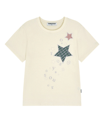 チェックツースターアップリケ刺繍半袖Tシャツライトイエロー