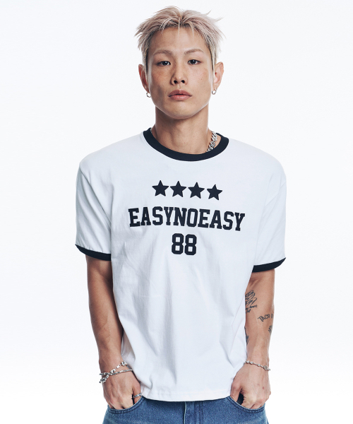 EASY NO EASY（イージーノーイージー）の「スターナンバリングパッチリンガーTシャツ - ホワイト（Tシャツ/カットソー・レディース・その他・1/2）」の2枚目の写真