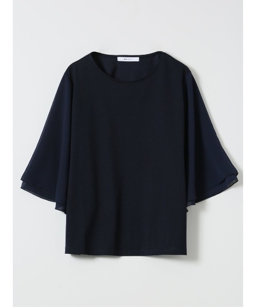 m.f.editorial(エムエフエディトリアル)の「*Tシャツ プルオーバー レディース 接触冷感 無地 クルーネック フレアスリーブ 楊柳 切替(Tシャツ/カットソー・レディース・ホワイト/ネイビー・MEDIUM/LARGE)」の2枚目の写真