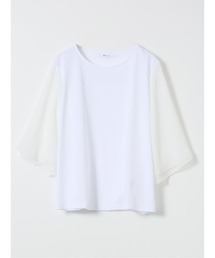 ＊Tシャツ プルオーバー レディース 接触冷感 無地 クルーネック フレアスリーブ 楊柳 切替