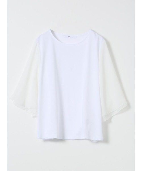 m.f.editorial(エムエフエディトリアル)の「*Tシャツ プルオーバー レディース 接触冷感 無地 クルーネック フレアスリーブ 楊柳 切替(Tシャツ/カットソー・レディース・ホワイト/ネイビー・MEDIUM/LARGE)」の1枚目の写真