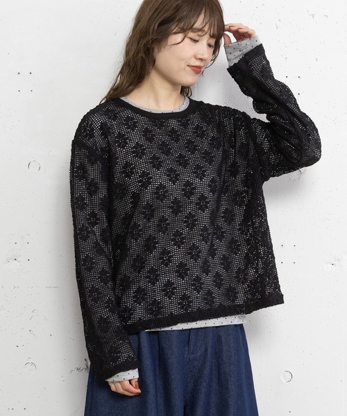POU DOU DOU（プードゥドゥ）の「フラワーモチーフメッシュトップス（Tシャツ/カットソー・レディース・ブラック/キナリ・3）」の7枚目の写真