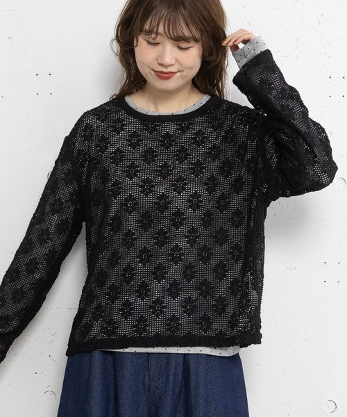 POU DOU DOU（プードゥドゥ）の「フラワーモチーフメッシュトップス（Tシャツ/カットソー・レディース・ブラック/キナリ・3）」の8枚目の写真