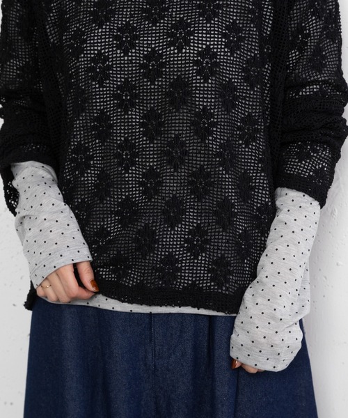 POU DOU DOU（プードゥドゥ）の「フラワーモチーフメッシュトップス（Tシャツ/カットソー・レディース・ブラック/キナリ・3）」の13枚目の写真