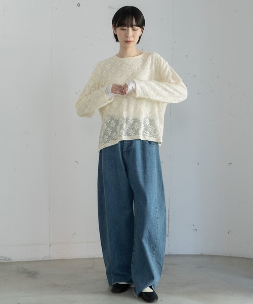 POU DOU DOU（プードゥドゥ）の「フラワーモチーフメッシュトップス（Tシャツ/カットソー・レディース・ブラック/キナリ・3）」の14枚目の写真