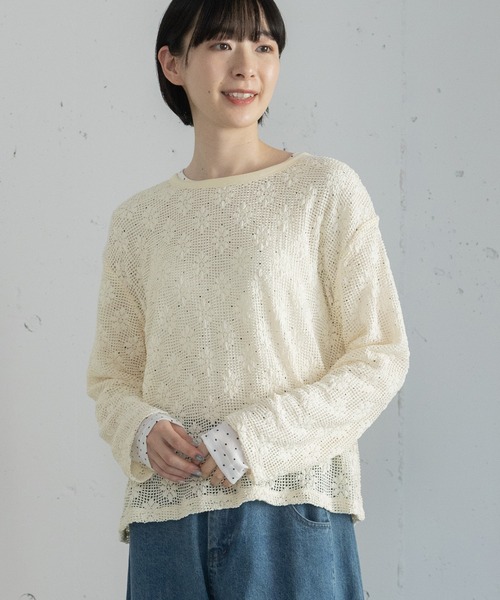 POU DOU DOU（プードゥドゥ）の「フラワーモチーフメッシュトップス（Tシャツ/カットソー・レディース・ブラック/キナリ・3）」の18枚目の写真