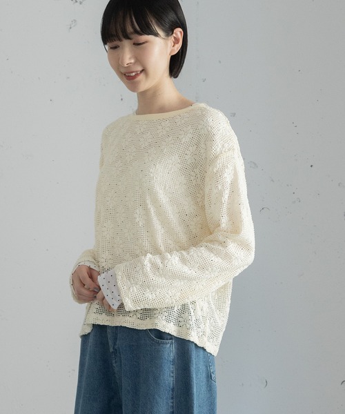 POU DOU DOU（プードゥドゥ）の「フラワーモチーフメッシュトップス（Tシャツ/カットソー・レディース・ブラック/キナリ・3）」の19枚目の写真