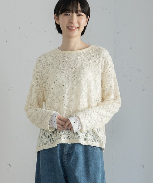 POU DOU DOU（プードゥドゥ）の「フラワーモチーフメッシュトップス（Tシャツ/カットソー・レディース・ブラック/キナリ・3）」の21枚目の写真