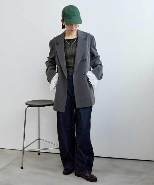 FREAK'S STORE（フリークスストア）の「袖レース ダブルブレストジャケット（テーラードジャケット・レディース・グレー/ブラウン・ﾌﾘ-）」の2枚目の写真