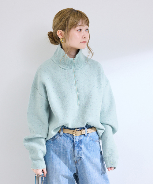 B.C STOCK(ベーセーストック)の「手洗い可 / カラーネップハーフジッププルオーバー(ニット/セーター・レディース・サックスブルー/アイボリー/チャコールグレー・FREE)」の3枚目の写真
