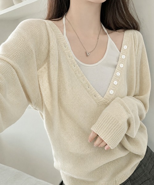 COCOMOMO(ココモモ)の「ゆるっとルーズシルエット ヘンリーネックシアーニット ヘンリーネックニット 長袖 シアーニット ルーズニット vネック オーバーサイズ ワンショル サマーニット 春服 夏服 秋服(ニット/セーター・レディース・ブラウン/アイボリー・FREE)」の14枚目の写真