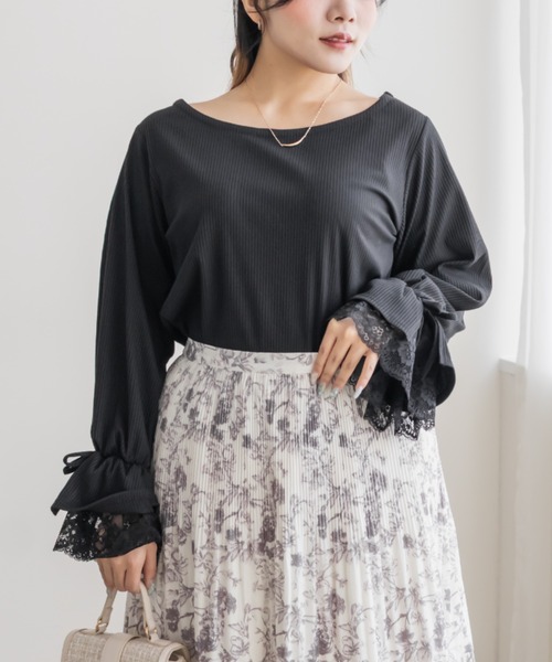 CLETTE（クレット）の「袖レースリブプルオーバー（Tシャツ/カットソー・レディース・ブラック/オフホワイト・LL/3L/4L）」の7枚目の写真