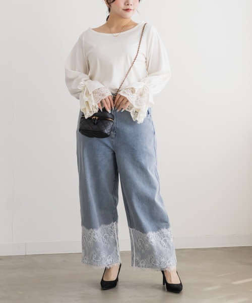 CLETTE（クレット）の「袖レースリブプルオーバー（Tシャツ/カットソー・レディース・ブラック/オフホワイト・LL/3L/4L）」の4枚目の写真