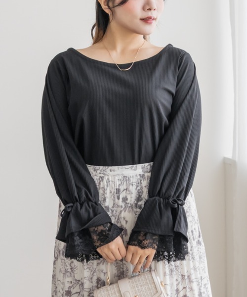 CLETTE（クレット）の「袖レースリブプルオーバー（Tシャツ/カットソー・レディース・ブラック/オフホワイト・LL/3L/4L）」の8枚目の写真