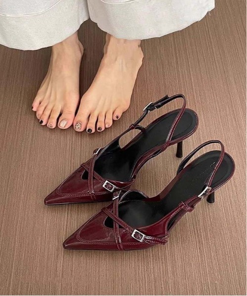 gossip!ロサンゼルス(ゴシップロサンゼルス)の「ポインテッドトゥ エナメルスリングバックパンプス クロスベルト ピンヒール レディース(パンプス・レディース・ワインレッド/ブラック/ホワイト・37/38/36)」の14枚目の写真