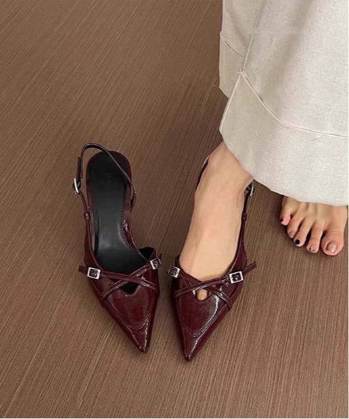 gossip!ロサンゼルス(ゴシップロサンゼルス)の「ポインテッドトゥ エナメルスリングバックパンプス クロスベルト ピンヒール レディース(パンプス・レディース・ワインレッド/ブラック/ホワイト・37/38/36)」の15枚目の写真