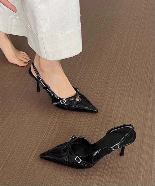 gossip!ロサンゼルス(ゴシップロサンゼルス)の「ポインテッドトゥ エナメルスリングバックパンプス クロスベルト ピンヒール レディース(パンプス・レディース・ワインレッド/ブラック/ホワイト・37/38/36)」の22枚目の写真