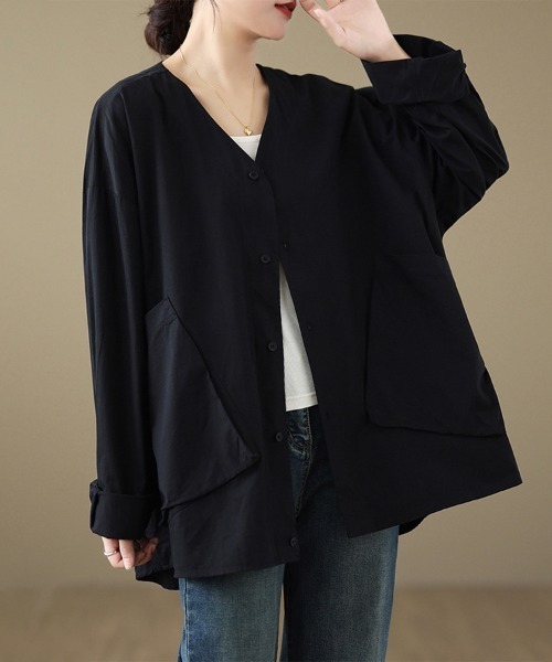 ONEP STAR(ワンピスター)の「Vネックフロントポケット2WAY長袖シャツブラウス(シャツ/ブラウス・レディース・ブラック/ダークブラウン・FREE)」の13枚目の写真