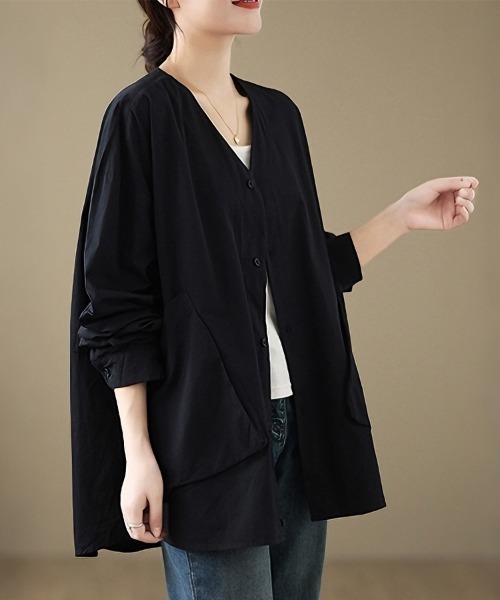 ONEP STAR(ワンピスター)の「Vネックフロントポケット2WAY長袖シャツブラウス(シャツ/ブラウス・レディース・ブラック/ダークブラウン・FREE)」の12枚目の写真