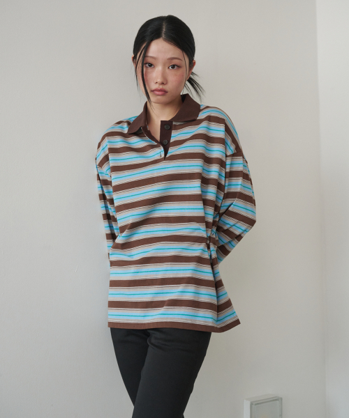 OPENING SUNSHINE(オープニングサンシャイン)の「ボタンディテール ストライプ ラグビー長袖Tシャツ ブラウン(ポロシャツ・レディース・その他・FREE)」の2枚目の写真