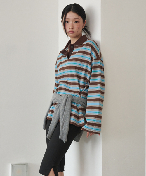 OPENING SUNSHINE(オープニングサンシャイン)の「ボタンディテール ストライプ ラグビー長袖Tシャツ ブラウン(ポロシャツ・レディース・その他・FREE)」の4枚目の写真
