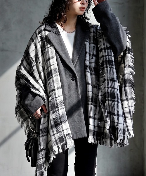 antiqua(アンティカ)の「チェック柄 ポンチョ ジャケット(テーラードジャケット・レディース・マルチ・ONESIZE)」の1枚目の写真