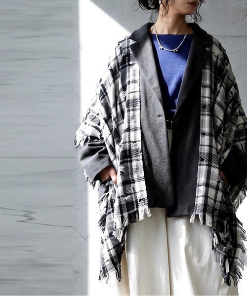 antiqua(アンティカ)の「チェック柄 ポンチョ ジャケット(テーラードジャケット・レディース・マルチ・ONESIZE)」の6枚目の写真