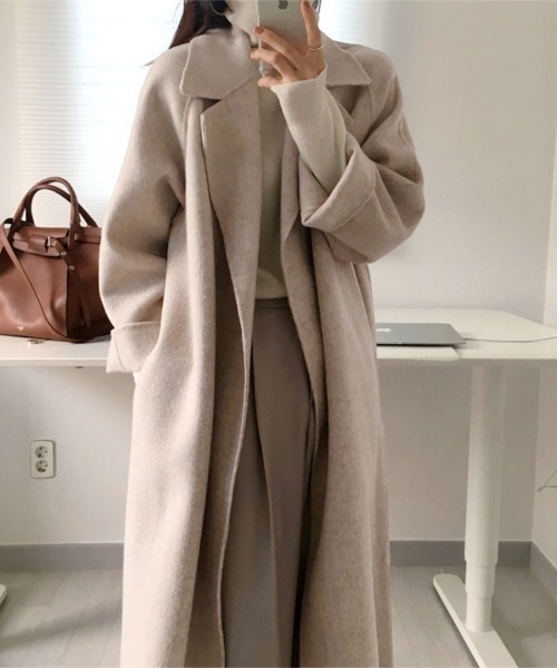 ONEP STAR（ワンピスター）の「共布ベルト×ロングチェスターコート（チェスターコート・レディース・ダークベージュ/ダークグレー/ライトアッシュグレー・FREE）」の8枚目の写真