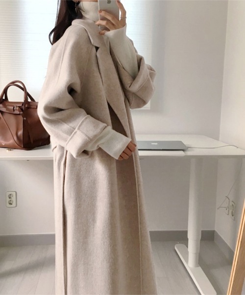 ONEP STAR（ワンピスター）の「共布ベルト×ロングチェスターコート（チェスターコート・レディース・ダークベージュ/ダークグレー/ライトアッシュグレー・FREE）」の9枚目の写真