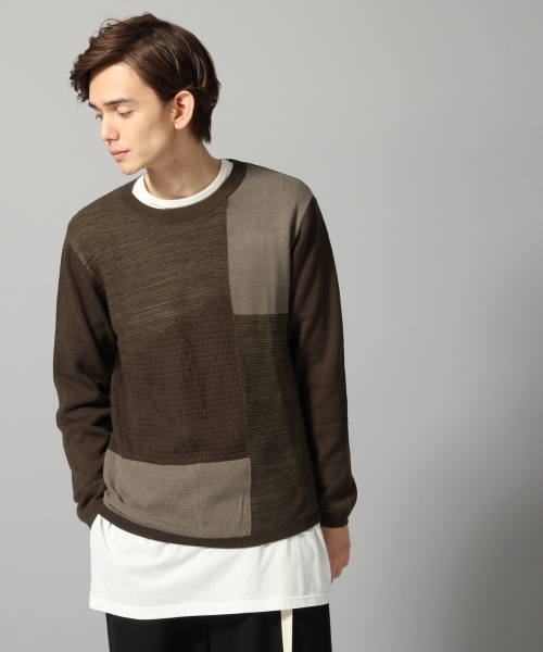 HARE(ハレ)の「ブロッキングニットプルオーバー(HARE)(ニット/セーター・メンズ・オフホワイト/ブラウン/ブラック・LARGE/SMALL/MEDIUM)」の1枚目の写真