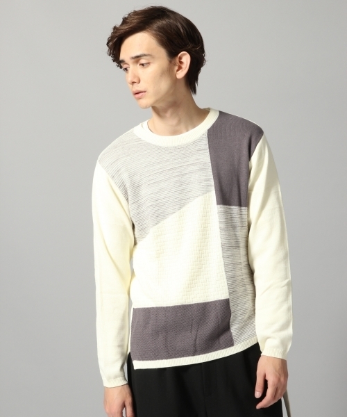 HARE(ハレ)の「ブロッキングニットプルオーバー(HARE)(ニット/セーター・メンズ・オフホワイト/ブラウン/ブラック・LARGE/SMALL/MEDIUM)」の2枚目の写真