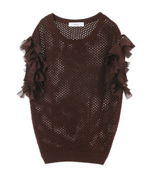 透かし柄ファブリックコンビVネックプルオーバー