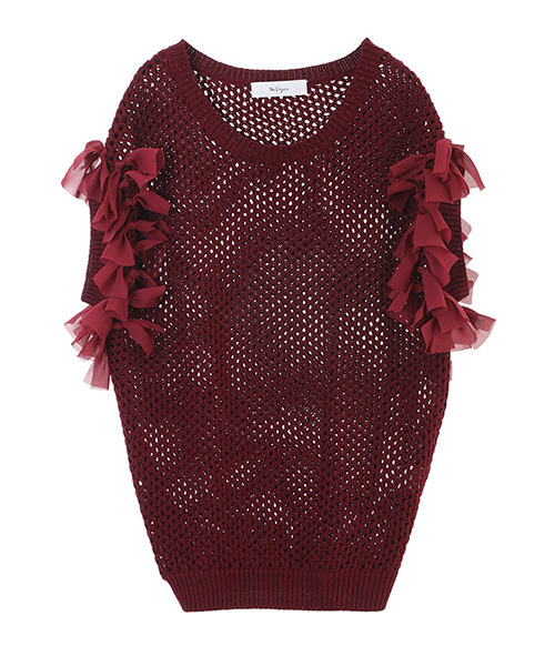 The Virgnia（ザ ヴァージニア）の「透かし柄ファブリックコンビVネックプルオーバー（ニット/セーター・レディース・ブラック/ブラウン/ボルドー・FREE）」の2枚目の写真