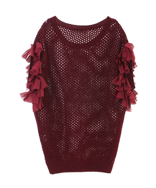 The Virgnia（ザ ヴァージニア）の「透かし柄ファブリックコンビVネックプルオーバー（ニット/セーター・レディース・ブラック/ブラウン/ボルドー・FREE）」の5枚目の写真