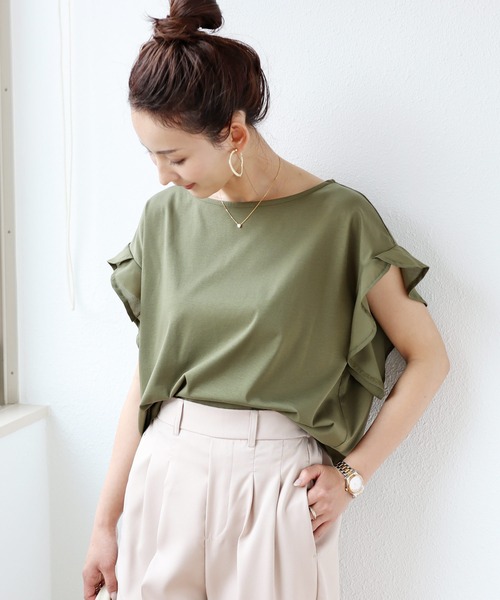andme（アンドミー）の「シルケット半袖フリルTシャツ（Tシャツ/カットソー・レディース・ブラック/オフホワイト/グレー系その他/ライトブラウン/カーキ・M/L）」の5枚目の写真
