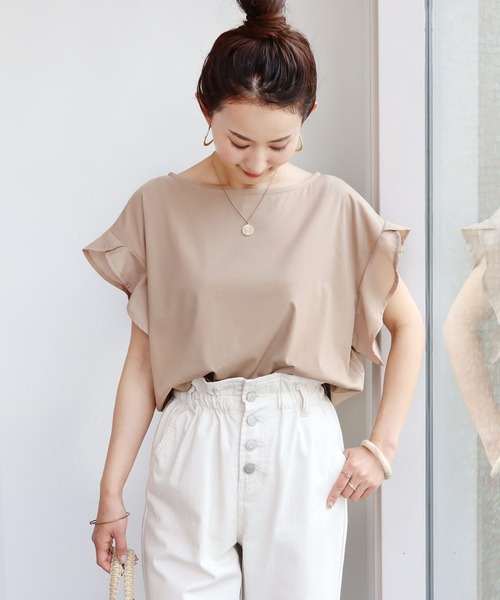 andme（アンドミー）の「シルケット半袖フリルTシャツ（Tシャツ/カットソー・レディース・ブラック/オフホワイト/グレー系その他/ライトブラウン/カーキ・M/L）」の4枚目の写真