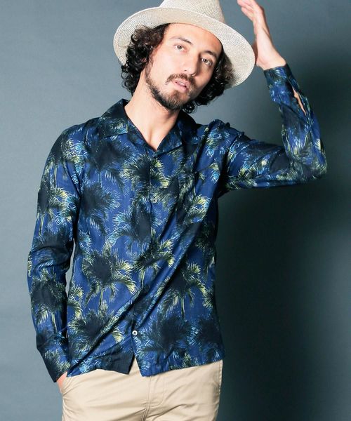 Magine(マージン)の「【Magine】CTN BOTANICAL PRINT OPNEN/C SHIRTS L/S: コットン ボタニカルプリント オープンカラー シャツ ロングスリーブ(シャツ/ブラウス・メンズ・オフホワイト/ネイビー/パープル・46/44)」の2枚目の写真