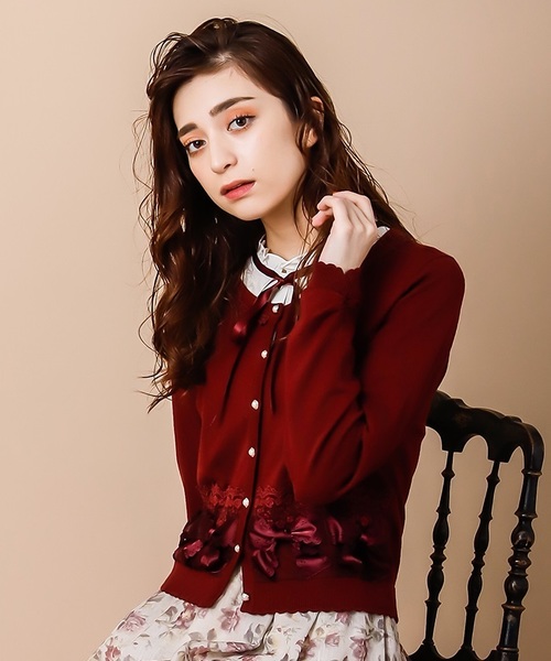 アクシーズファム ニットカーディガン クルーネック リボン 長袖 M くすみ緑 axes femme（アクシーズファム）の「リボン×リボンニットカーデ