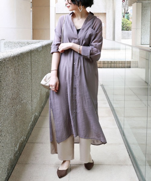 andme（アンドミー）の「レーヨンナイロンシアー長袖シャツワンピース（シャツワンピース・レディース・ブラック/グレー系その他/ベージュ/ダークベージュ/アイボリー・M）」の5枚目の写真