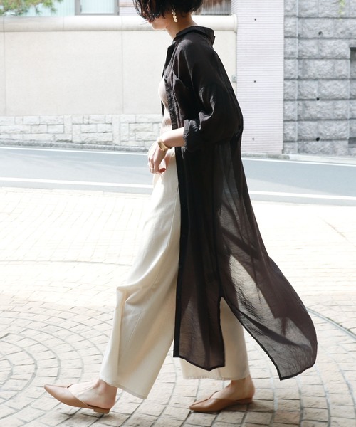 andme（アンドミー）の「レーヨンナイロンシアー長袖シャツワンピース（シャツワンピース・レディース・ブラック/グレー系その他/ベージュ/ダークベージュ/アイボリー・M）」の14枚目の写真